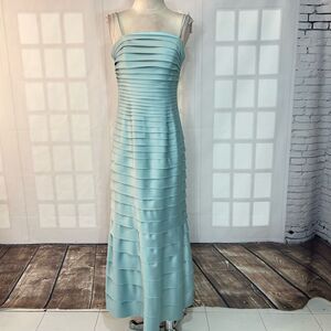 JS Collections Long teal Blue satin tiered Ruffle formal gown Size 8